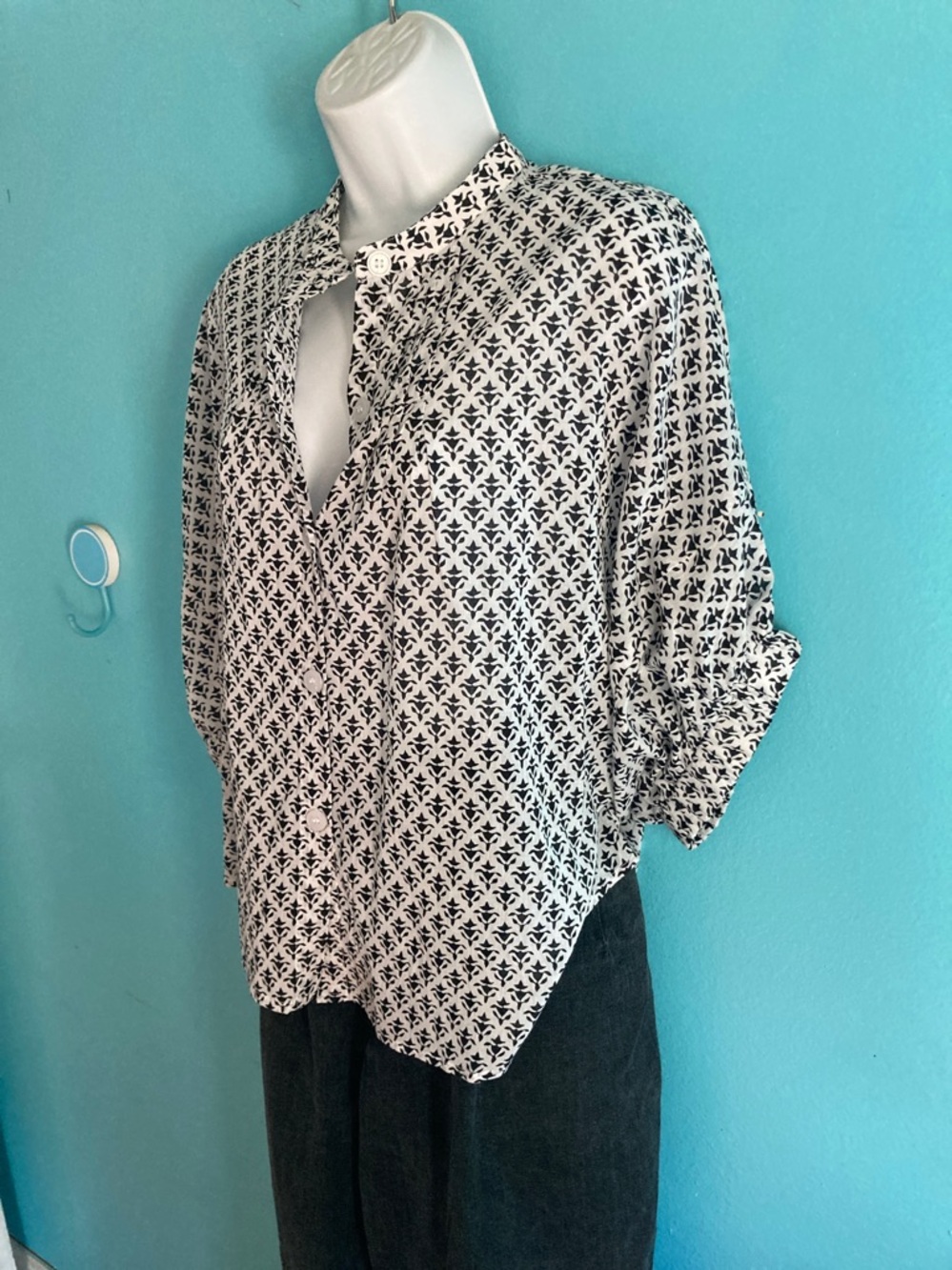 Emerson Frye Mandarin Collar Organic Cotton Block Print Blouse "One Size"